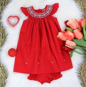 Red Bishop Angel Sleeves Baby Girl Dress. Girls Smocked Bishop Birthday Dress